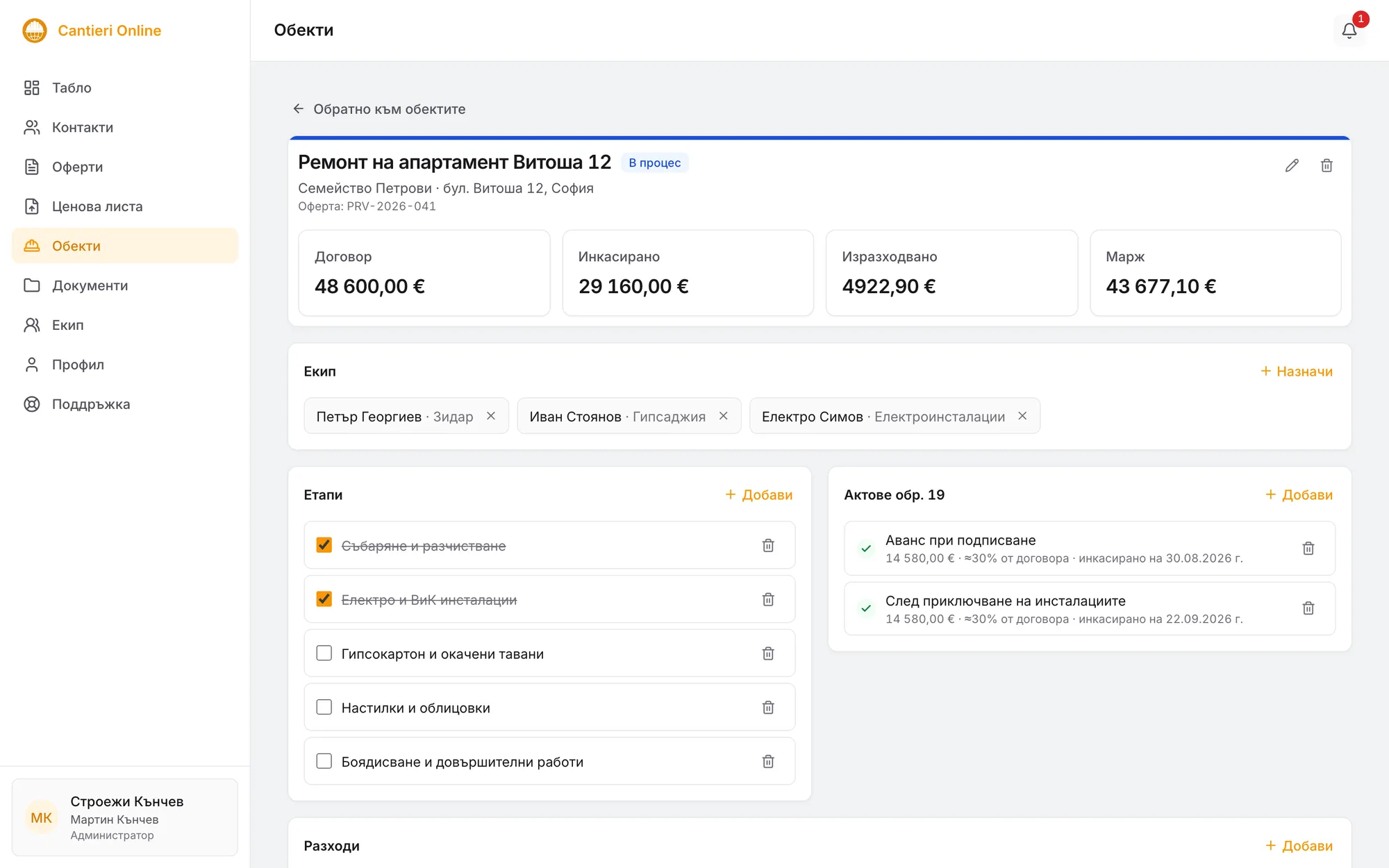 Отворен обект в Cantieri Online: договор, инкасирано, изразходвано и марж горе, а под тях етапите и актовете.