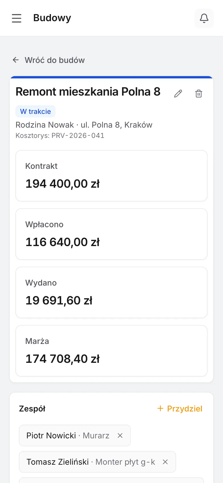 Otwarta budowa w Cantieri Online z telefonu: kontrakt, wpłacono, wydano i marża.