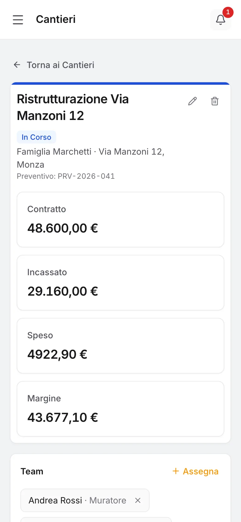 Un cantiere aperto in Cantieri Online dal telefono: contratto, incassato, speso e margine.