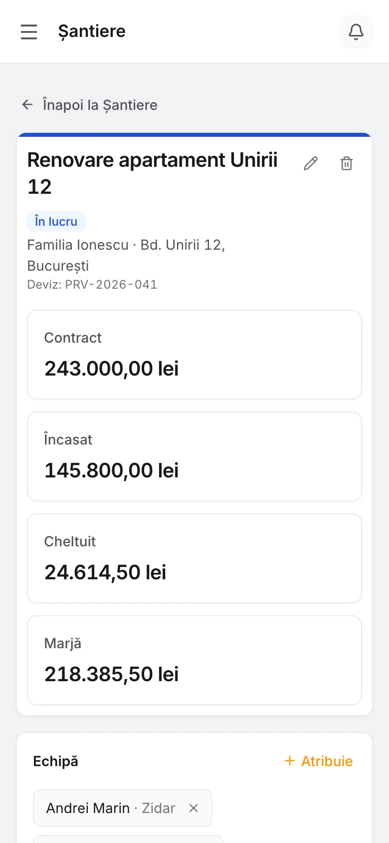 Un șantier deschis în Cantieri Online de pe telefon: contract, încasat, cheltuit și marjă.