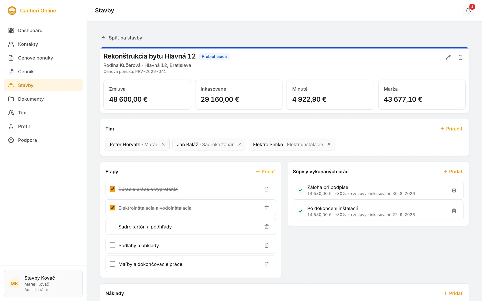 Otvorená stavba v aplikácii Cantieri Online: zmluva, inkasované, minuté a marža hore, nižšie etapy a súpisy prác.