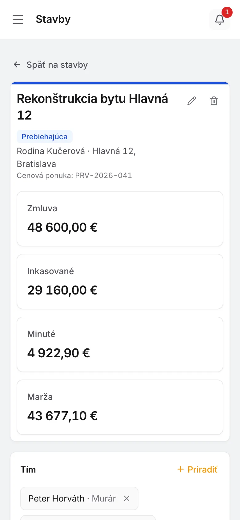 Otvorená stavba v aplikácii Cantieri Online z telefónu: zmluva, inkasované, minuté a marža.